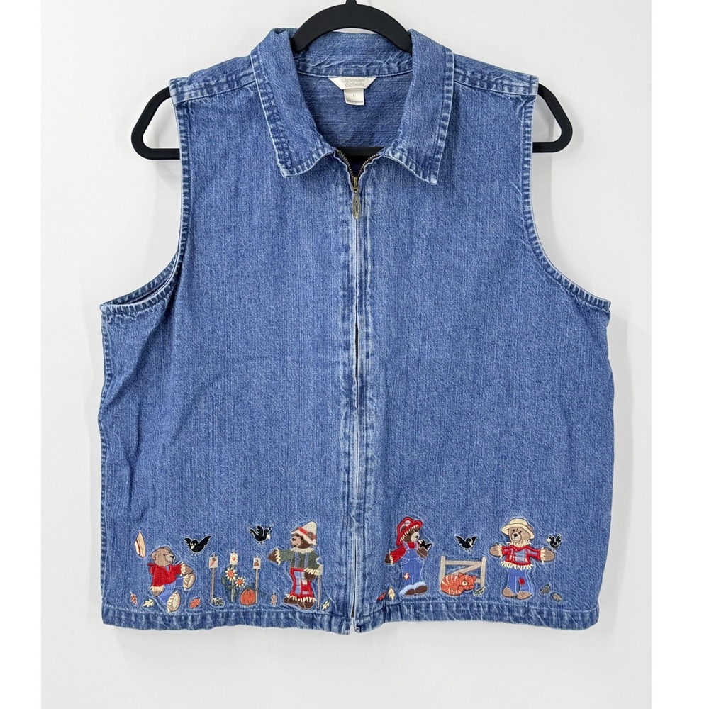 Vtg Christopher Banks Denim Vest Womens L Fall Halloween Thanksgiving scarecrow